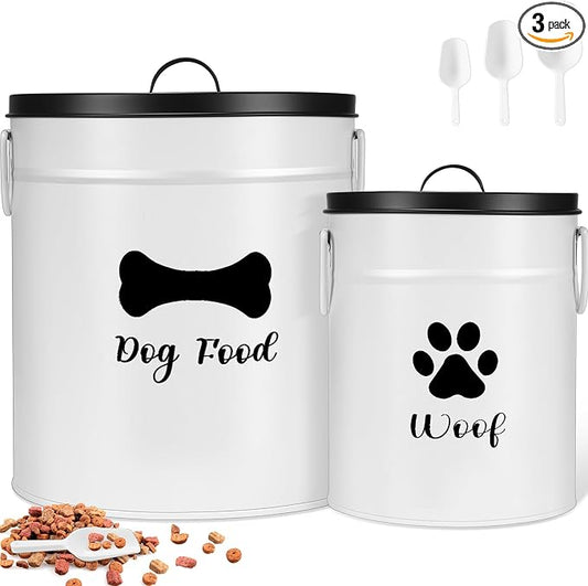 DoubleFill Extra Large 23+10 lb Metal Dog Food Storage Containers Set of 2 Airtight Dog Treat Snack Jars with Lids and Spoon Farm House Style Big Pet Cookie Jar for Kitchen Counter Gift by DoubleFill