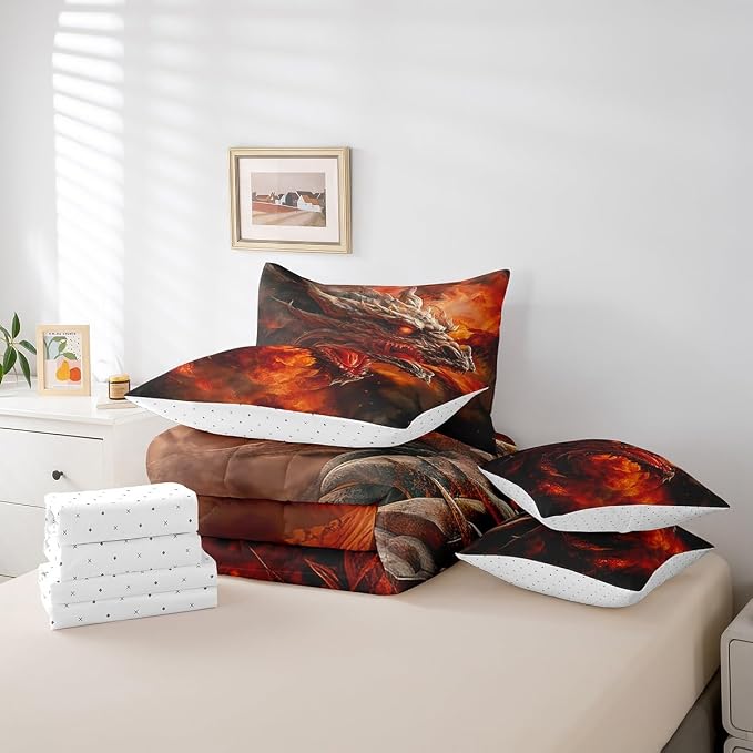 7 Pieces Comforter Set Full Size, Red Fire Dragon Bedding Bed in a Bag with Flat Sheet and Fitted Sheet for Kids and Adults, 3D Fire Dragon Comforter Set with Sheets, Pillowcases & Pillow Covers - Image 6