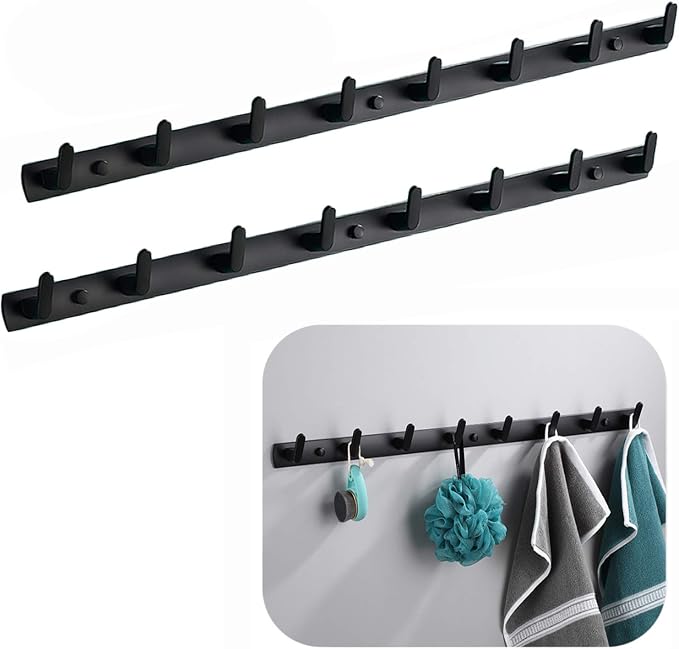 Wall Mounted Coat Rack, 8 Hooks, 29.7"x1.3", Modern, Black, 2 Pcs | Space Aluminum, Rustproof, for Hallway, Entryway, Hanging Holder for Clothes, Towel, Backpack, 40 lbs Capacity, Easy Install by Spotact