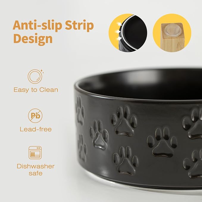 Elevated Ceramic Dog Bowl Set, Anti-Skid Bamboo Stand, Black, 5.1 inch | Food and Water Bowls with Fixed Non-Slip Rubber Ring, Microwave Safe, Easy to Clean, 1.6 Cup per Bowl, for Small-Breed Puppy - Image 5
