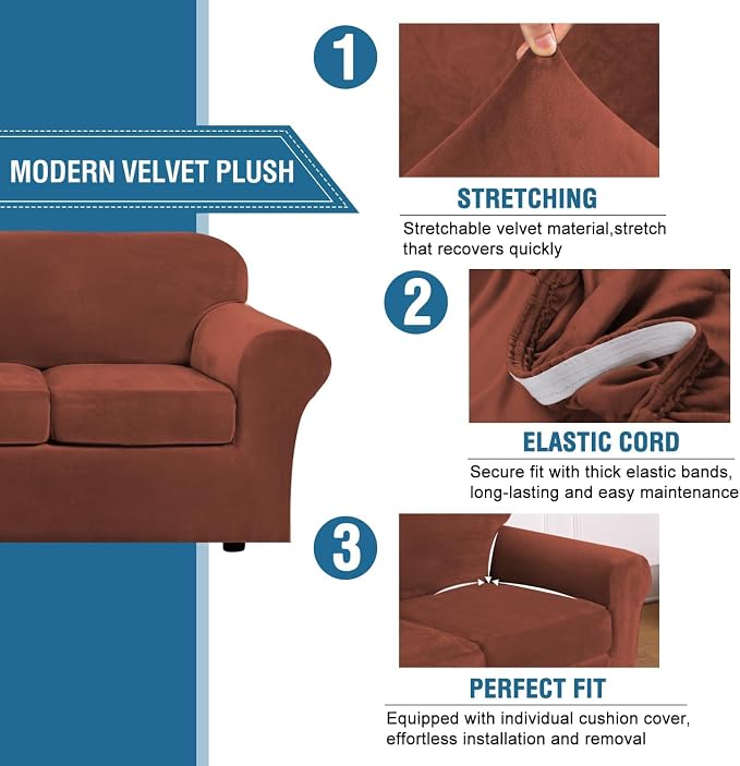 H.VERSAILTEX High Stretch Sofa Slipcover 4 Piece Cover Velvet Furniture Protector Form Fit Thick Velvet Extra Large Sofa Cover for 3 Cushion Couch Width Up to 97 Inch (Large Sofa, Rust) - Image 3