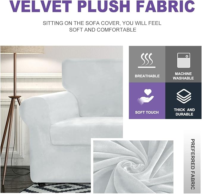 ZNSAYOTX Oversized Velvet 3 Piece Couch Cover with 2 Extra Large Seat Cushion Covers Stretch Sofa Cover for 2 Cushion Couch Thick Soft Loveseat Sofa Slipcover (Silver Grey),72"-92"(2 Cushions) - Image 3