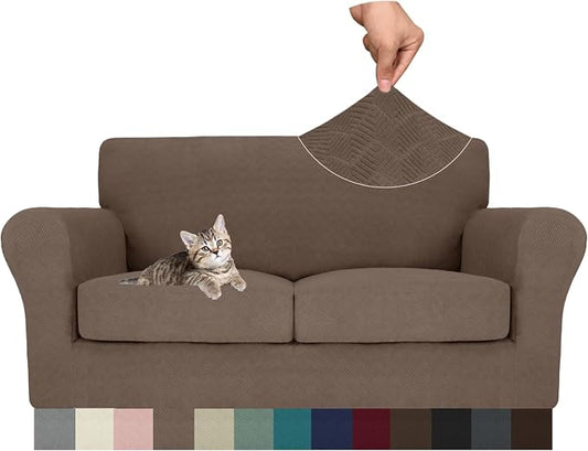 MAXIJIN 3 Piece Couch Covers for 2 Cushion Couch loveseat Cover, Stretch Love Seat Sofa Slipcovers for Dogs Pet, Thick Furniture Protector with 2 Seat Cushion (55"-69", Brown) by MAXIJIN