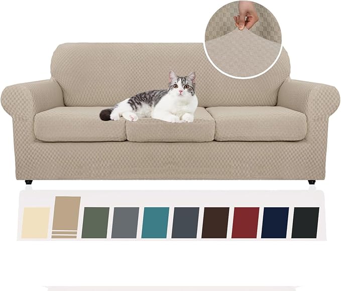 YEMYHOM Latest Checkered 4 Pieces Couch Covers for 3 Cushion Couch High Stretch Thickened Sofa Cover for Dogs Pets Elastic Slipcovers Living Room Furniture Protector (Khaki), 71"-91"(3 Cushions) by YEMYHOM