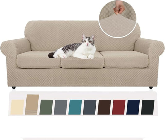 YEMYHOM Latest Checkered 4 Pieces Couch Covers for 3 Cushion Couch High Stretch Thickened Sofa Cover for Dogs Pets Elastic Slipcovers Living Room Furniture Protector (Khaki), 71"-91"(3 Cushions) by YEMYHOM