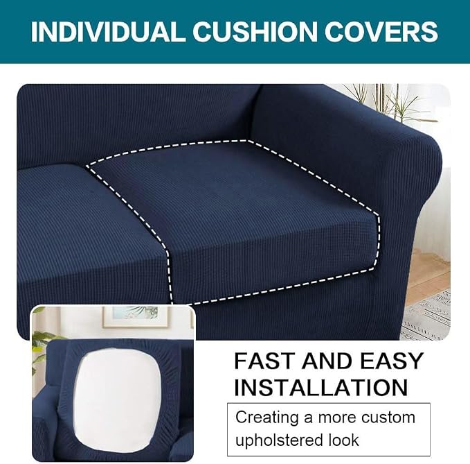 Turquoize 3 Piece Sofa Covers for 2 Cushion Couch Sofa Slipcover Soft Couch Cover for Dogs-Washable Sofa Furniture Covers with 2 Individual Cushion Covers, Thick Jacquard Fabric (Loveseat, Navy) - Image 5