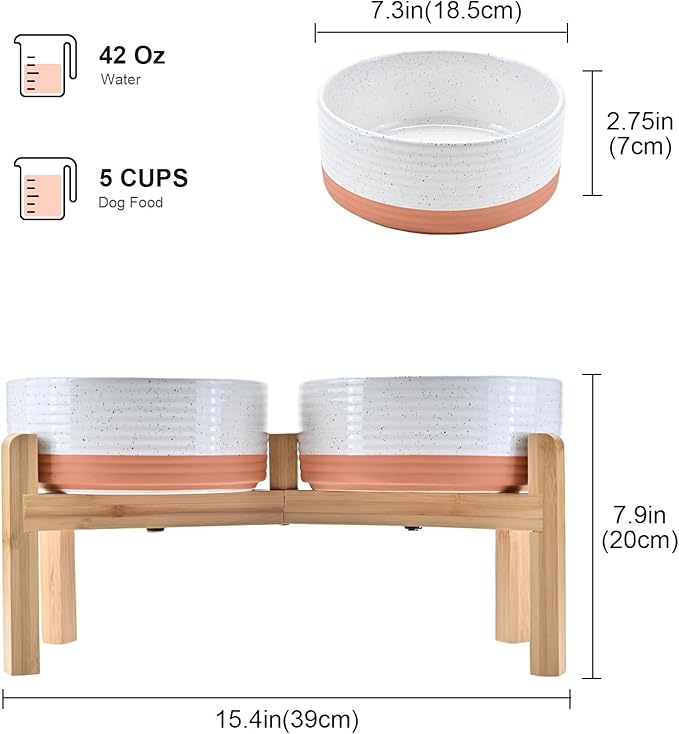 SPUNKYJUNKY Elevated Dog Bowls Ceramic, 7.3'' Dogs Food Water Bowls Raised with Non-Slip Bamboo Stand for Medium to Large Sized Breed Microwave Dishwasher Safe - 42 OZ,Pattern White - Image 2