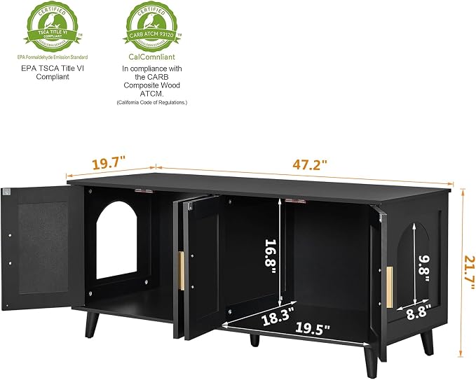 Homhedy Boho Cat Litter Box Enclosure for 2 Cats, Black and Natural | Hidden Litter Box Furniture with Double Rattan Decorated Doors, Cat Washroom, Cat House, Dog-Proof, TV Stand - Image 3