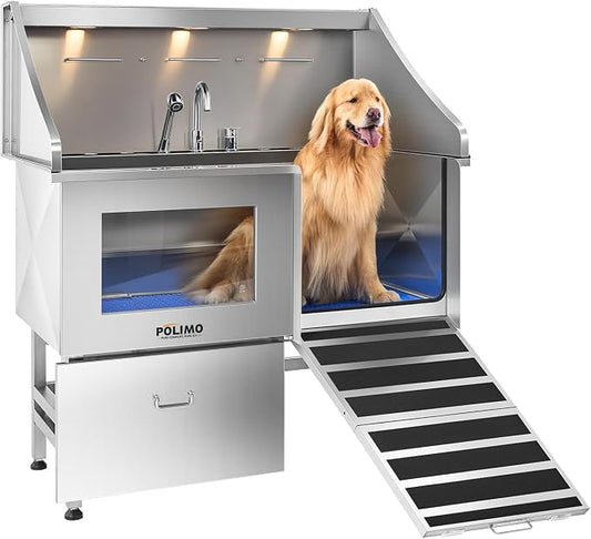 POLIMO Dog Washing Station with LED Display 50" (Right Ramp), 304 Stainless Steel Dog Bathtub for Large Medium Small Dogs, Professional Grooming Tub with Faucet, Storage Drawer, Floor Grate, Window by BathTimeMadeEasy
