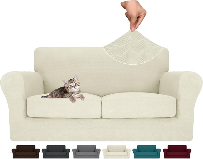 MAXIJIN 3 Piece Couch Covers for 2 Cushion Couch loveseat Cover, Stretch Love Seat Sofa Slipcovers for Dogs Pet, Thick Furniture Protector with 2 Seat Cushion (55"-69", Beige) by MAXIJIN