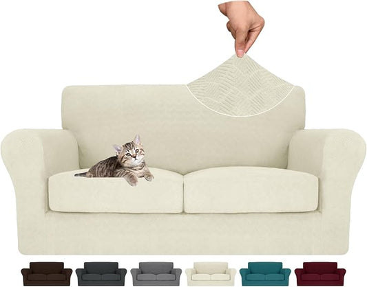 MAXIJIN 3 Piece Couch Covers for 2 Cushion Couch loveseat Cover, Stretch Love Seat Sofa Slipcovers for Dogs Pet, Thick Furniture Protector with 2 Seat Cushion (55"-69", Beige) by MAXIJIN