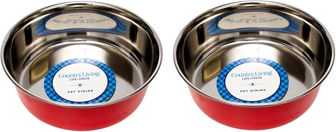 Country Living Set of 2 Heavy Gauge Stainless Steel Dog Bowls - Non-Skid, Durable & Rust-Resistant - Perfect for Food & Water - Vibrant Red, 64 oz Capacity - Image 2