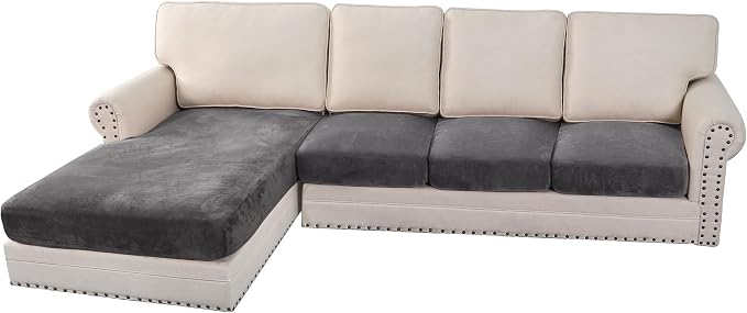 H.VERSAILTEX Velvet Stretch Sectional Sofa Covers - 4 Piece Seat Cushions for L Shape Sectional Couch (Large 3 Seater + 1 Chaise, Grey) by HVERSAILTEX