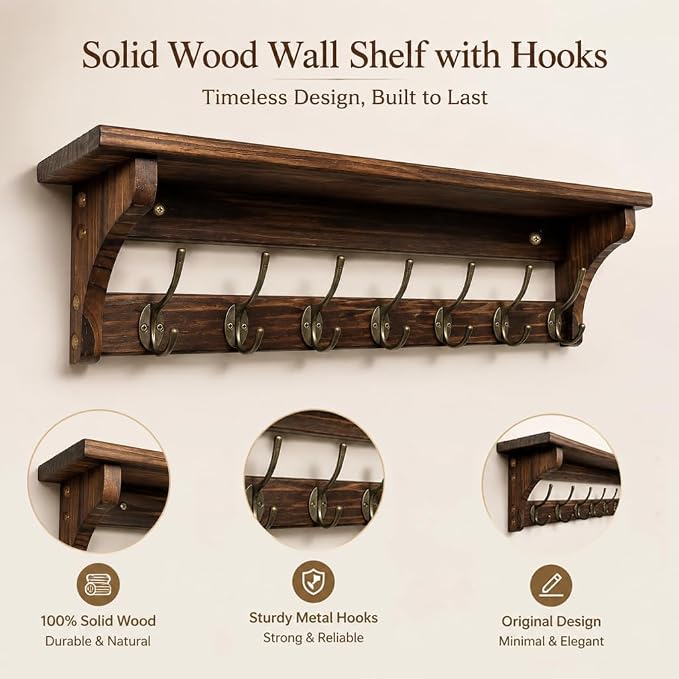 Wall Mounted Coat Rack with Shelf, Solid Wood & Bronze Metal Hooks – 31.1 Inch Entryway Organizer with 7 Hooks for Hanging Coats, Hats, Bags, Keys, Rustic Brown for Hallway，Bedroom（31.1 Inch） - Image 3