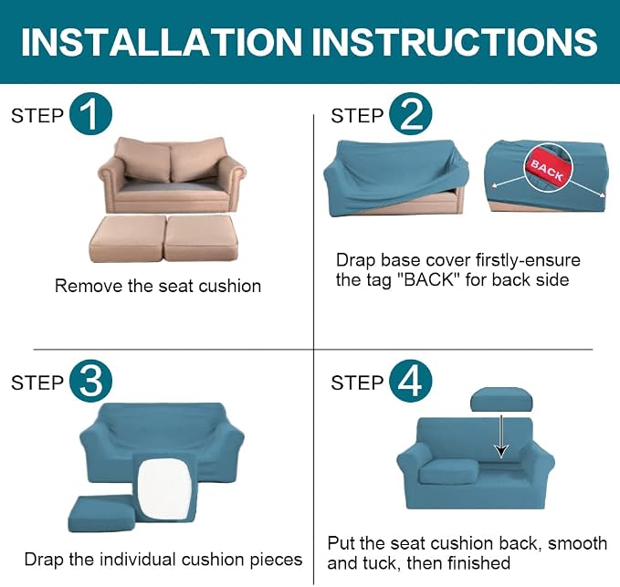 Turquoize 3 Piece Sofa Covers for 2 Cushion Couch Sofa Slipcover Soft Couch Cover for Dogs-Washable Sofa Furniture Covers with 2 Individual Cushion Covers (2 Cushion Sofa, Storm Blue) - Image 6