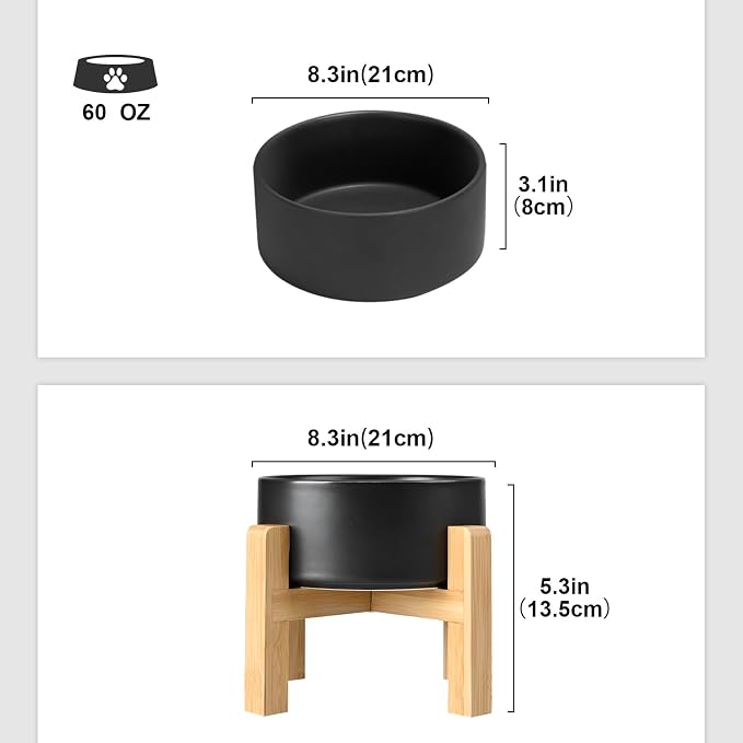 SPUNKYJUNKY Ceramic Elevated Dog Bowls 2 Pack - 8.3inch Raised Dog Bowls with Non-Slip Wooden Stand for Large Dogs Dishwasher Safe(Black,60OZ*2) - Image 2