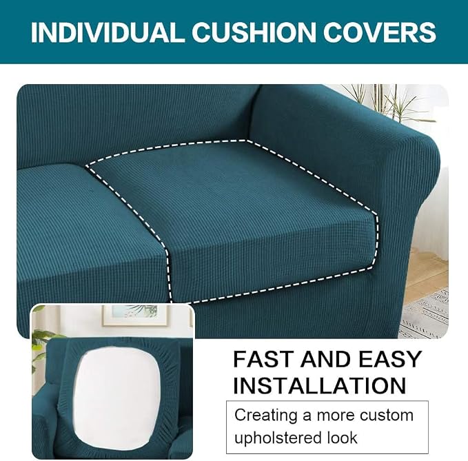 Turquoize 3 Piece Sofa Covers for 2 Cushion Couch Sofa Slipcover Soft Couch Cover for Dogs-Washable Sofa Furniture Covers with 2 Individual Cushion Covers, Feature Fabric (2 Cushion Sofa, Deep Teal) - Image 5