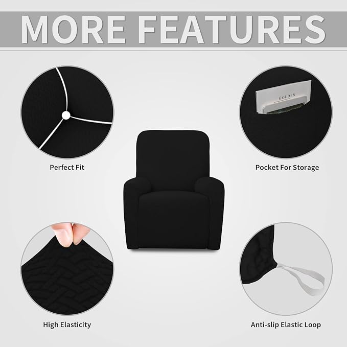 Easy-Going Stretch Jacquard Recliner Couch Cover, 4-Piece Soft Sofa Cover, Sofa Slipcover with Elastic Loop, Washable Furniture Protector for Kids, Pets, Dogs, Cats (Recliner, Black) - Image 4