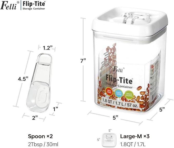 Felli Flip Tite Storage Container with Built-In Spoon & Airtight Lid 5” Large-M Ring Flip Top, Stackable Acrylic Canister for Sugar Flour Powder, Kitchen Pantry Organizer (1.8qt), 2 spoons - Image 5