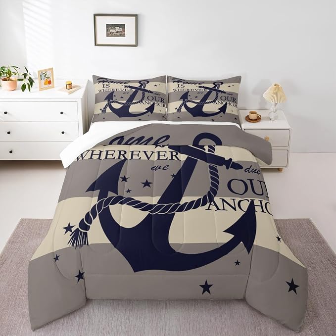 Homewish Anchor Duvet Insert Geometric Stripe Print Comforter Set Nautical Bedding Set 3pcs for Kids Boys Teens Microfiber Down Comforter with 2 Pillowcases, Queen Size - Image 6