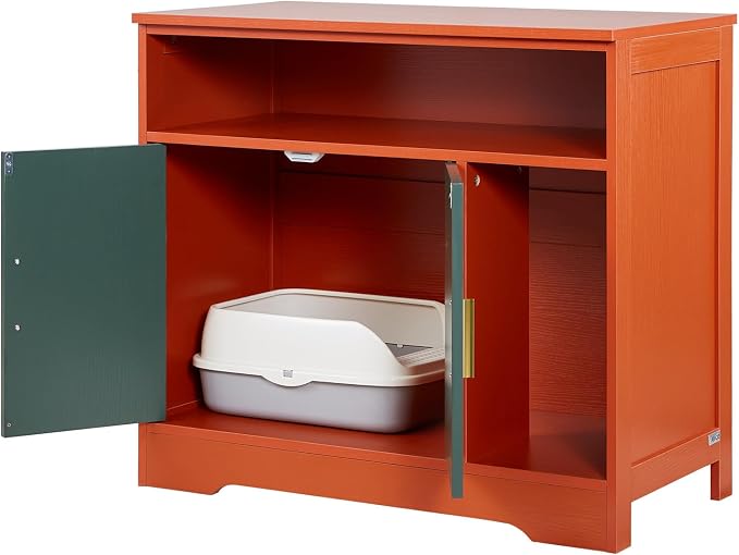 VEVOR Cat Litter Box Enclosure, 31 in Hidden Litter Box Cabinet with Shelf & Storage, Modern Style Indoor Cat Washroom, Wooden Kitty House Furniture End Table, Fit Most Litterboxes, Red & Green - Image 12