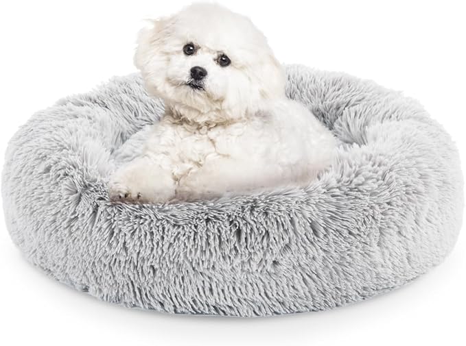 FluffyDream 24 Inch Donut Dog Bed, Calming Plush Fur Cuddle Bed for Dogs and Cats, Grey Washable Round by FluffyDream
