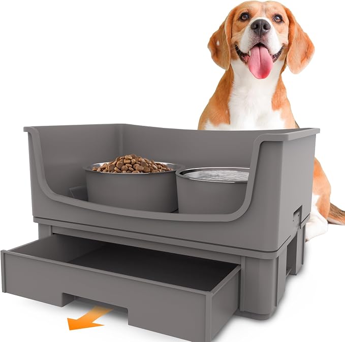 Elevated Dog Bowl Stand Set,Quiet Eating Mess Proof Raised Dog Bowls 2 Stainless Steel Pet Food Bowls,Splash Water Collection Non-Slip Medium Sized Feeding Table by HIKINGO