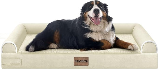 NANUYA Orthopedic Dog Bed for Jumbo Dogs, 53 x 42 Inch, Beige | Egg crate foam for joint support, 3-sided bolster pet sofa, waterproof lining, washable cover, and non-skid base by Nanuya