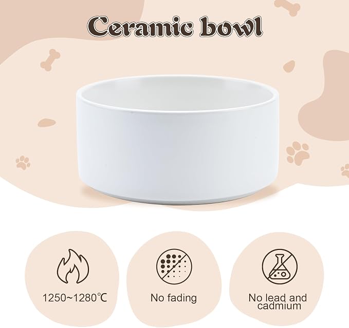 SPUNKYJUNKY Ceramic Dog Bowls with Acacia Wood Stand - Raised Dog Food and Water Bowl Set for Small Dogs (13.52 OZ, White) - Image 5