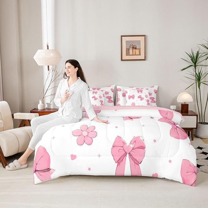 Erosebridal Pink Bows King 7 Piece Comforter Set for Girls Bedroom Bowknot Bedding Set Bed in A Bag Dreamy Coquette Bow Bed Set Girly Ribbon Heart Flowers Quilt Comforter with Sheets - Image 3