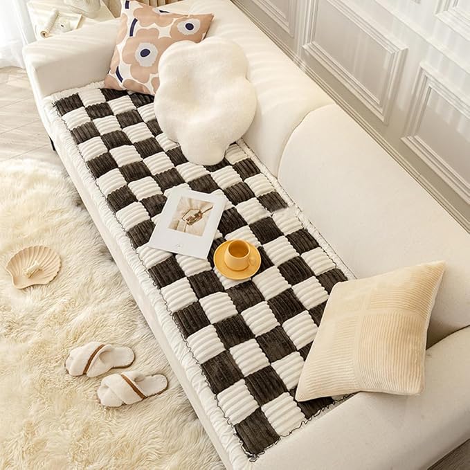 Fluffy Couch Cover for Pets - Large Cream-Coloured Fuzzy Plaid Square Pet Mat Bed Couch Cover Protector - Bay Window Cushion Bedside Carpet (Gray, 27.6 * 70.9in) - Image 3