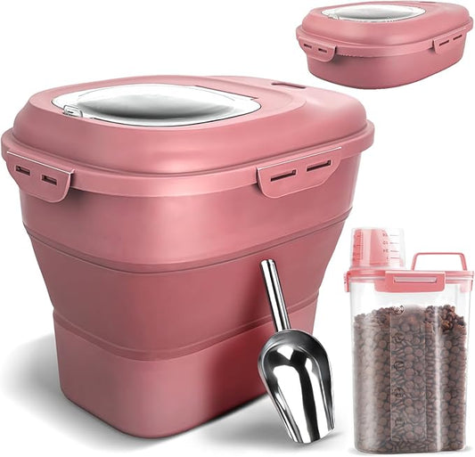 TIOVERY Dog Food Storage Container, Airtight Collapsible 13lb to 30lb Pet Food Container with Flip Top, Rolling Wheel, Scoop and a small container for Dog Cat Food and Dry Food of Rice, Flour by TIOVERY