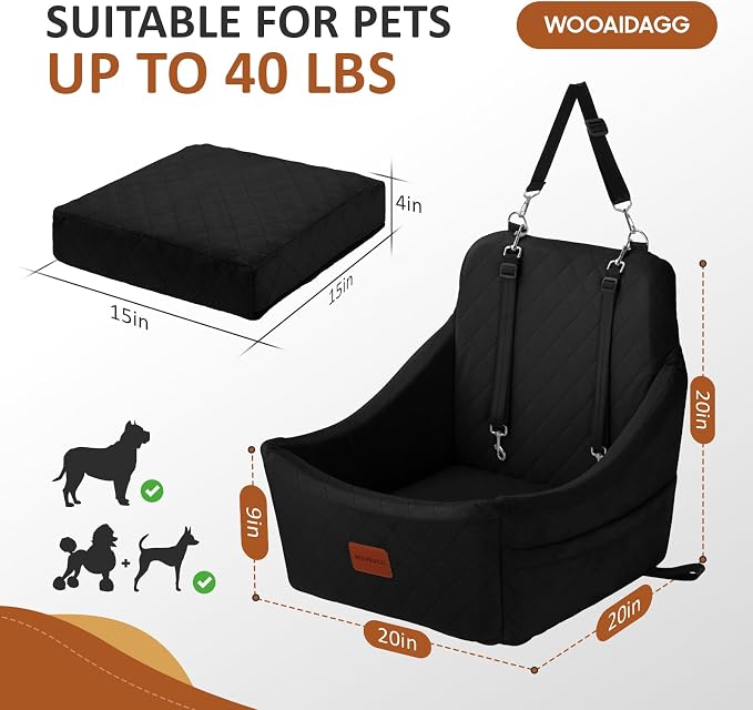 WOOAIDAGG Dog Car Seat for Medium Sized Dog,Pet Travel Car Bed with Seat Belt Channle,Fully Detachable and Washable Car Dog Seat with Adjustable Straps,3 Straps Easy to Install (Black) - Image 2