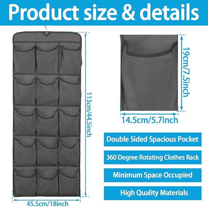 3Pcs 30 Large Pockets Dual Sided Hanging Shoe Organizer Double-Side Closet Storage Shelves with Rotating Hanger Space Saving Storage Bag Portable Shoe Rack Holder for Bedroom Laundry Room,Black - Image 3