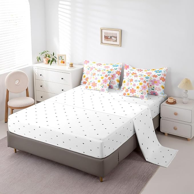 Feelyou Cute Flower 7 Piece Bedding Set Queen Size Kids Cartoon Cute Floral Bed in a Bag for Kids Girls Teens Toddler Yellow Pink Comforter Set with Sheets Kawaii Bed Set - Image 4