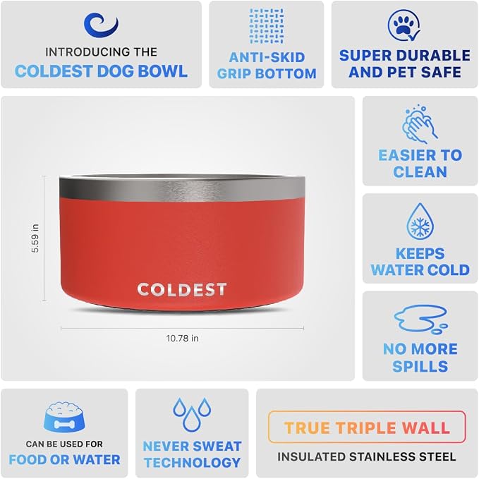 Coldest Dog Bowl - Anti Rust Metal, Non Slip, 3 Layers Insulated Stainless Steel Dog Bowls - Spill Proof & Heavy Duty - Water Bowl for Dogs, Cats & Pets, Dish Washer Safe (200 oz, Crimson Red) - Image 5
