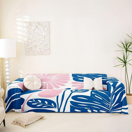 Erosebridal Pink Blue Flower Sofa Cover Boho Floral Couch Cover Abstract Retro Minimalist Sofa Slipcover for Couches and Sofas Vintage 70S Modern Washable Non Slip Sofa Protector, 91" X 150" by Erosebridal