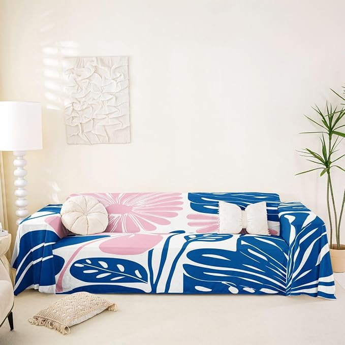 Erosebridal Pink Blue Flower Sofa Cover Boho Floral Couch Cover Abstract Retro Minimalist Sofa Slipcover for Couches and Sofas Vintage 70S Modern Washable Non Slip Sofa Protector, 71" X 118" by Erosebridal