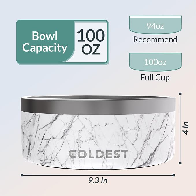 Coldest Dog Bowl - Anti Rust Metal, Non Slip, 3 Layers Insulated Stainless Steel Dog Bowls - Spill Proof & Heavy Duty - Water Bowl for Dogs, Cats & Pets, Dish Washer Safe (100 oz, Carrara Marble) - Image 4