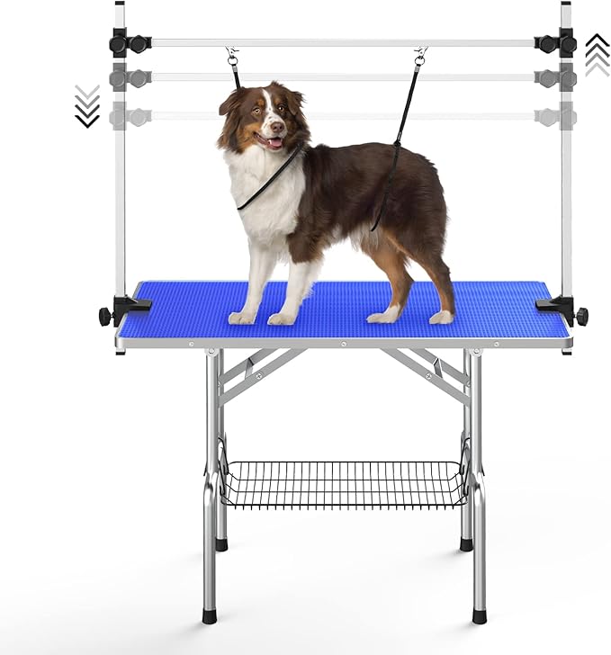 Lyromix 46'' Stainless Steel Pet Dog Grooming Table, Arm/Noose/Tray, Blue | Foldable Dog Grooming Table for Dogs at Home, Adjustable Height Arm, Non-Slip Waterproof Tabletop, Capacity 330Lb by Lyromix