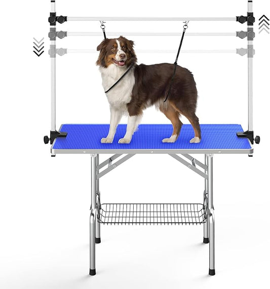 Lyromix 46'' Stainless Steel Pet Dog Grooming Table, Arm/Noose/Tray, Blue | Foldable Dog Grooming Table for Dogs at Home, Adjustable Height Arm, Non-Slip Waterproof Tabletop, Capacity 330Lb by Lyromix