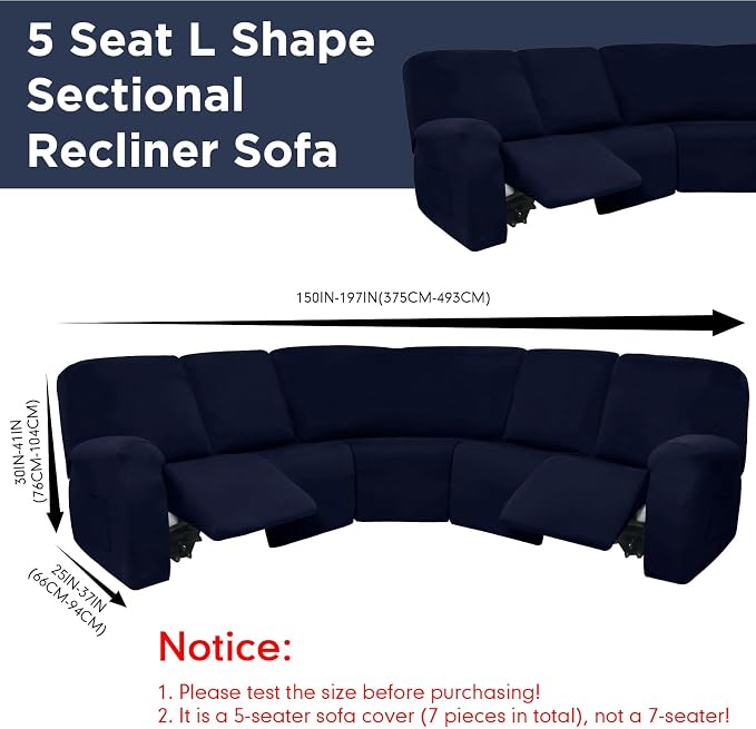 Peryiter 7 Pcs L Shape Sectional Recliner Sofa Covers 5 Seat Sectional Couch Covers Milk Silk Velvet Stretch Reclining Sofa Slipcover Furniture Protector for Living Room(Navy Blue,Milk Silk) - Image 3