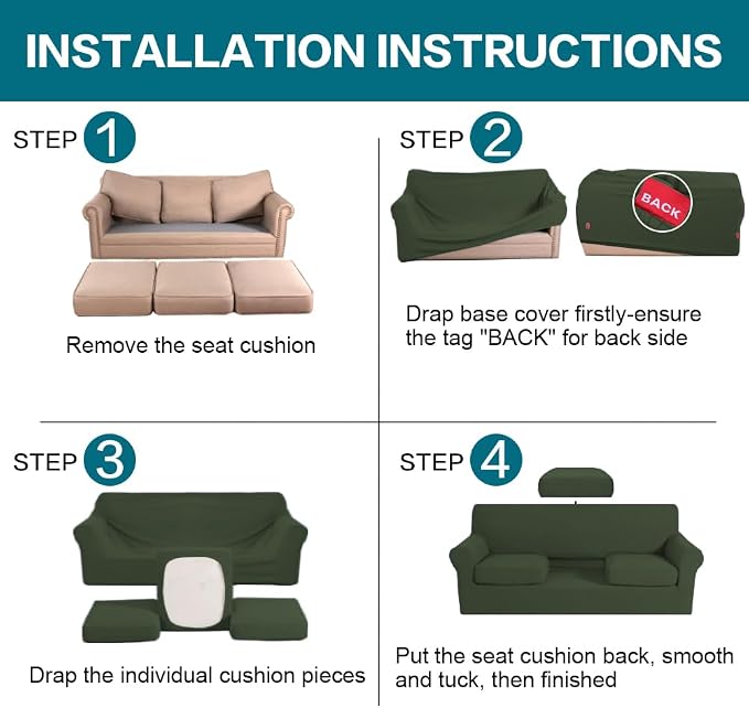Turquoize 4 Piece Sofa Covers for 3 Cushion Couch Sofa Slipcover Soft Couch Cover for Dogs-Washable Sofa Furniture Covers with 3 Individual Large Cushion Covers (XL Sofa, Olive) - Image 6
