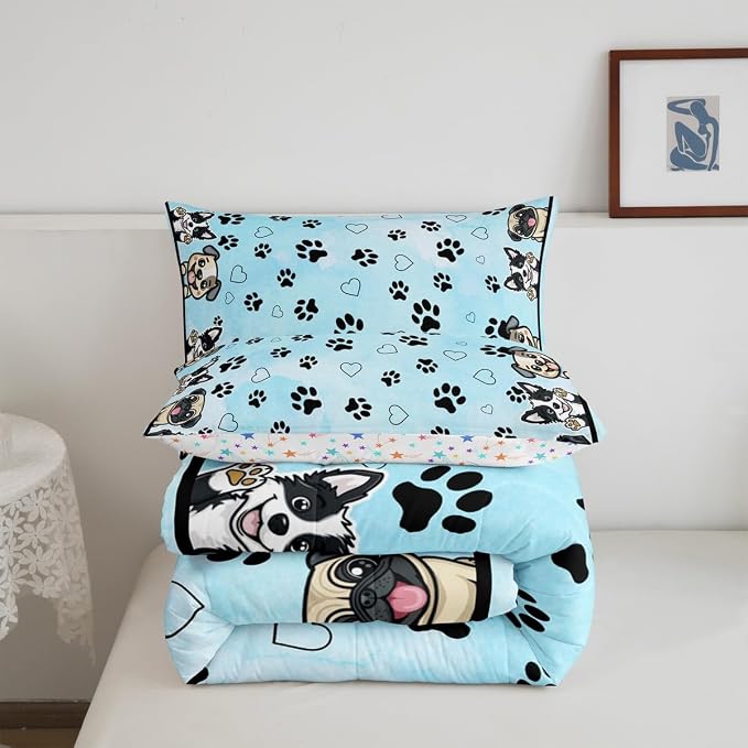Manfei Cute Dog Paw Comforter Set Twin Size 2 Pcs,Kawaii Dogs Footprint Love Hearts Bedding Set,Cartoon Puppy Pet Animal Lover Blue Quilt Set for Child Bedroom,1 Pillowcase - Image 5