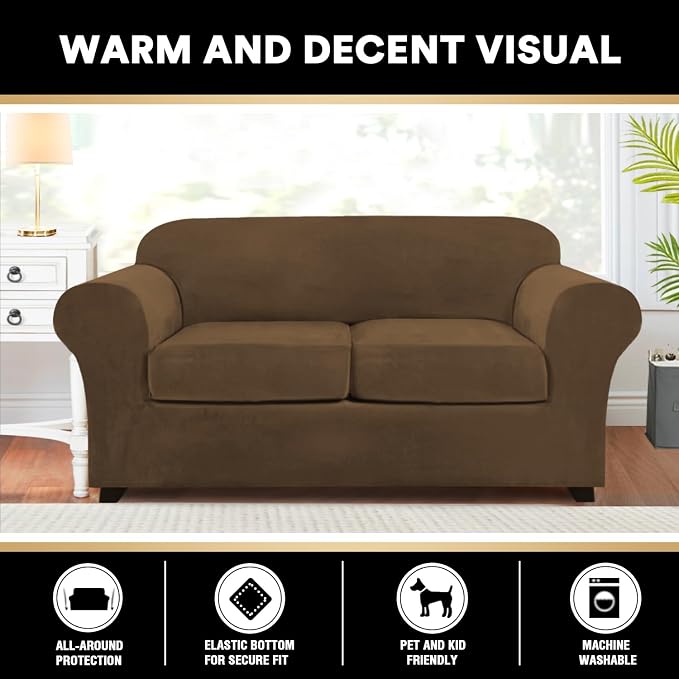 PrinceDeco Velvet Couch Cover Loveseat Covers for 2 Cushion Couch 3 Piece Sofa Covers for Dogs Washable Loveseat Covers Width Up to 72 Inch No Slip Stretch Sofa Slipcover(Medium, Bronze Brown) - Image 6