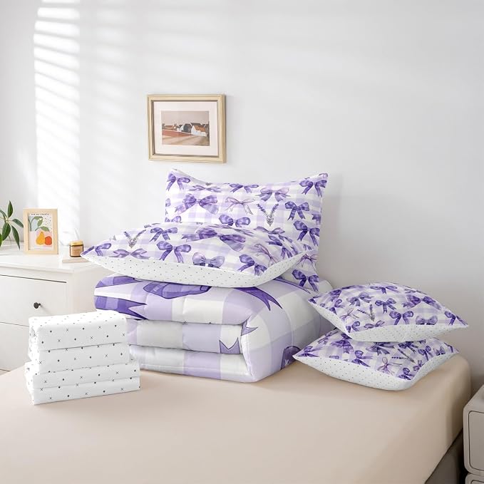 Feelyou Purple Bowknot 7 Piece Bedding Set Lavender Flower Comforter Set with Sheets for Kids Boys Girls Purple Stripe Bed in a Bag Princess Theme Bed Set Soft Lightweight - Image 5
