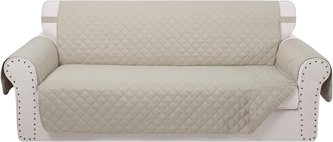 Reversible 4 Seater Sofa Cover 91" Large, Sofa, Beige/Beige | Couch Cover Furniture Protector with Foam Sticks Elastic Straps Furniture Protector for Pets Children Dog Cat by LuxshareHome