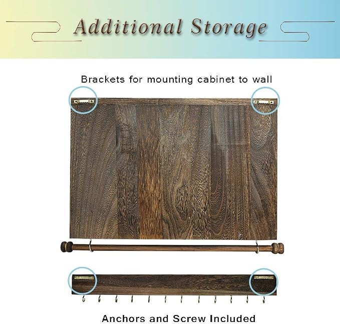 GLANT Rustic Wall Mounted Jewelry Organizer with Wooden Barndoor Decor,Wooden Wall Mount Holder,Jewelry holder for Necklaces, Earings, Bracelets, Ring Holder. Includes matching hook organizer (Rustic) - Image 4