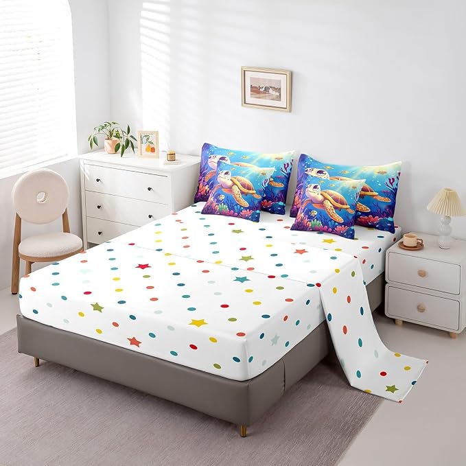 Erosebridal Turtle King Size Comforter Set with Sheets, Marine Life Bed in A Bag for Kids Teens Youth Adults Bedroom, Underwater World Sea Animal 7 Pcs Bedding Set, Colourful Coral Bed Sets - Image 4