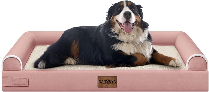 NANUYA Orthopedic Dog Bed for Jumbo Dogs, 53 x 42 Inch, Pink | Egg crate foam for joint support, 3-sided bolster pet sofa, waterproof lining, washable cover, and non-skid base by Nanuya